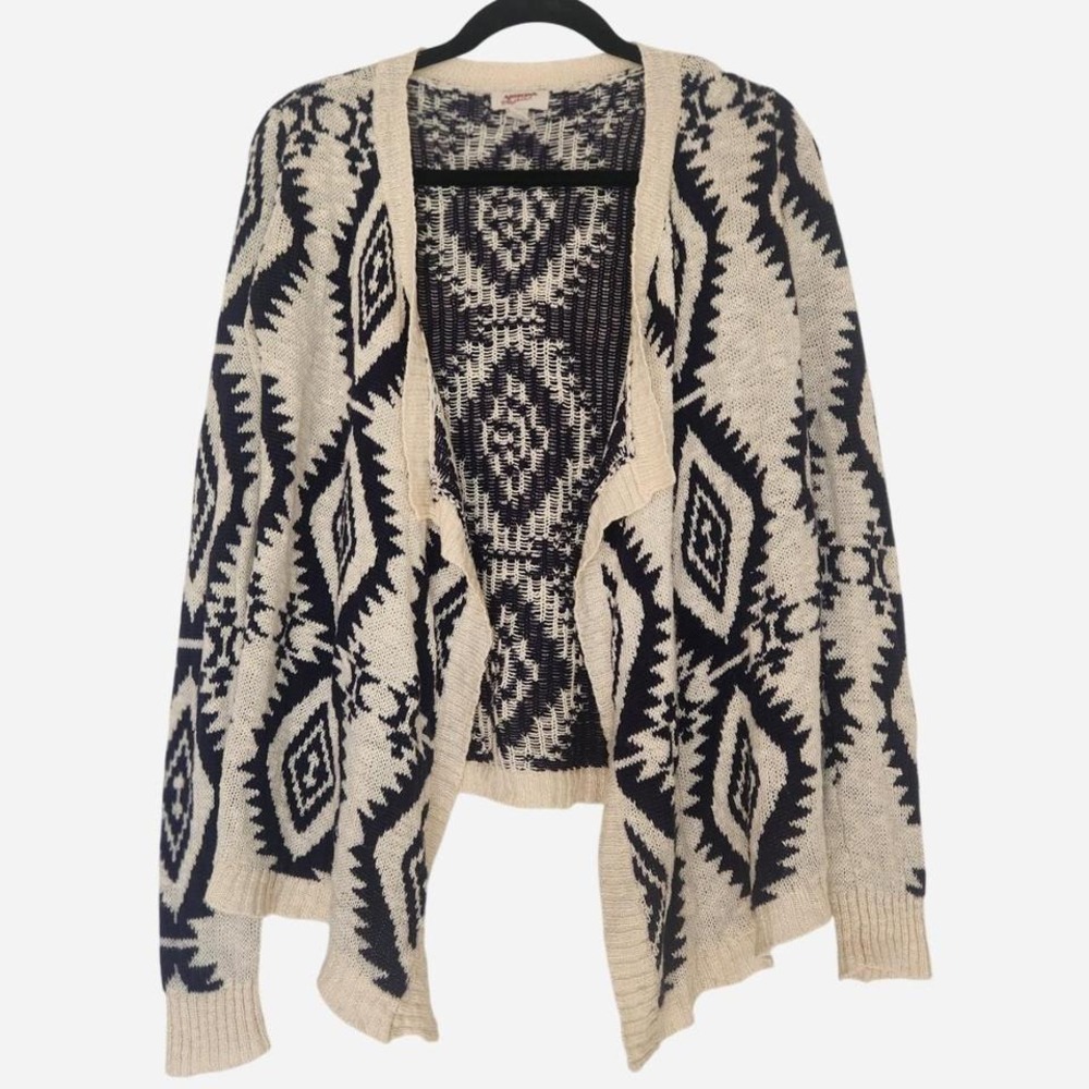 Arizona Jeans open cardigan chunky knit sweater boho western ivory navy blue